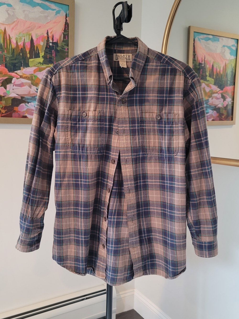 DULUTH TRADING CO Long Sleeve Button Down Flannel Shirt Blue Tan Men's Size M